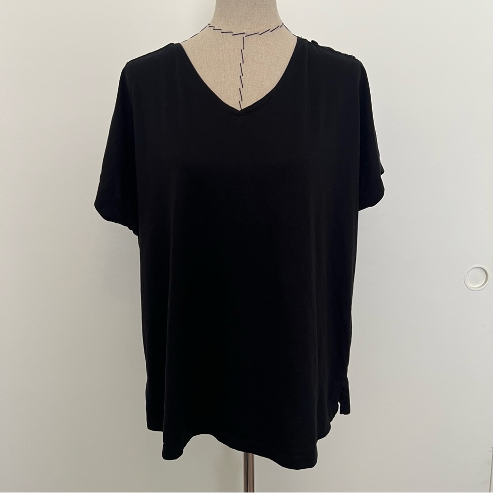 Karen Scott black v neck t shirt with buttons